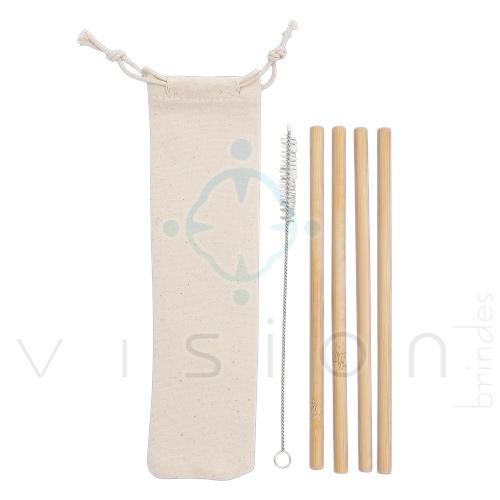 Kit Canudos de Bambu com Escova de Limpeza